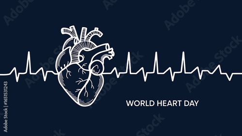 World Heart Day concept featuring human heart and heartbeat pulse line drawing for health awareness and medical campaigns