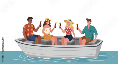 Four diverse friends enjoying a boat trip, raising bottles for a celebratory toast on the water.