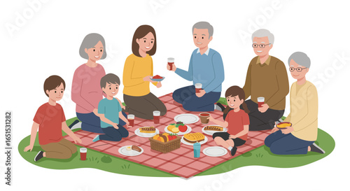 An illustration of a happy multi-generational family having a relaxed outdoor picnic together on a checkered blanket, sharing food and drinks.
