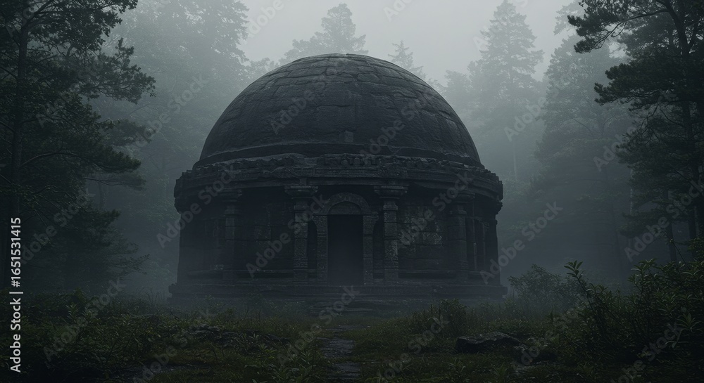 Fototapeta premium Mysterious Ancient Stone Dome amidst Foggy Forest Landscape with Eerie Ambience
