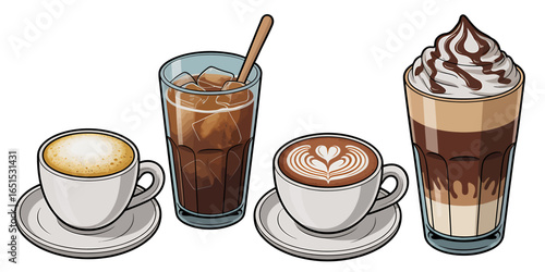 Variety of Coffee Drinks Cartoon Style Illustration for Menu and Promotional Materials isolated on white background