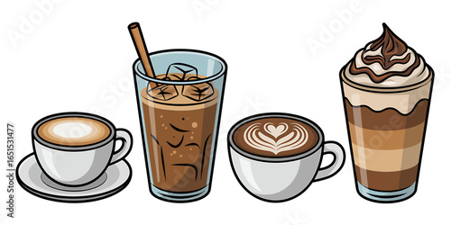 Variety of Coffee Drinks on White Background Featuring Latte Iced Coffee and Mocha Frappuccino