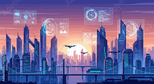 Advanced Technological Metropolis With Futuristic Digital Data Displayed Overhead