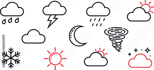 Set of Weather and Climate Icons: Sun, Rain, Storm, Snow, Moon, and Tornado Symbols for Meteorology Forecast