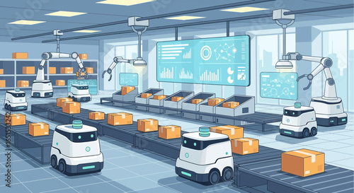 Automated Warehouse Robots System Working on Conveyor Belts