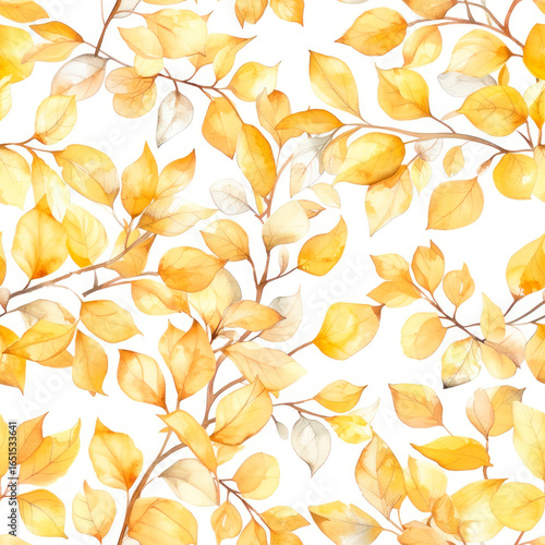 Golden Autumn Leaves Seamless Pattern .  Watercolor Design