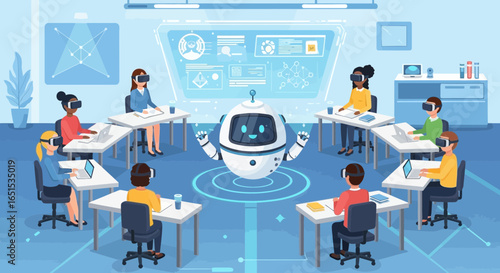 Virtual Reality Classroom With Robot And Students Wearing Headsets