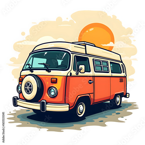 Orange vintage camper van at sunset vector illustration.