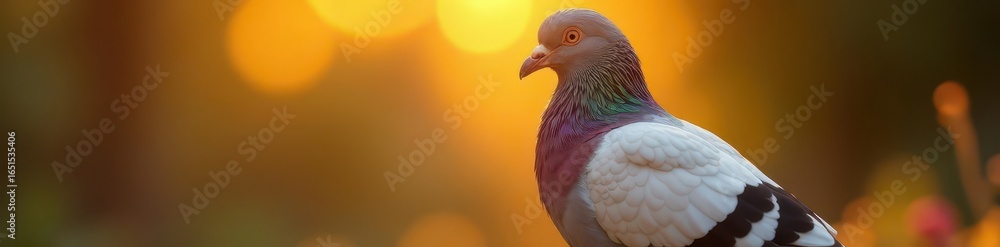 Fototapeta premium Golden light bathes plump pigeon, head cocked , wing, image