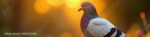 Golden light bathes plump pigeon, head cocked , wing, image