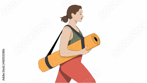 Woman carrying yoga mat fitness exercise wellness lifestyle health training workout routine pose
