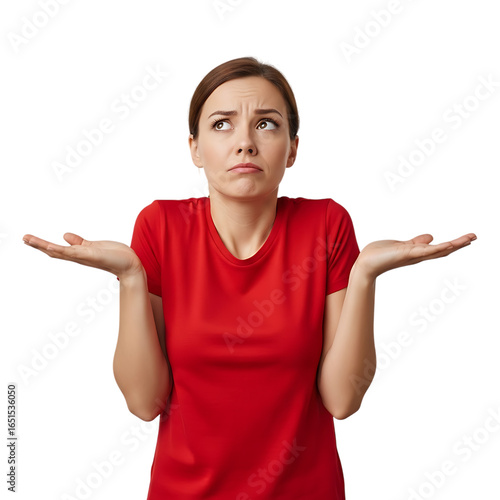 Woman shrugging with confused expression against white background