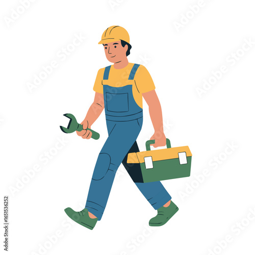 Illustration of a handyman repairman plumber with toolbox and wrench ready for service call