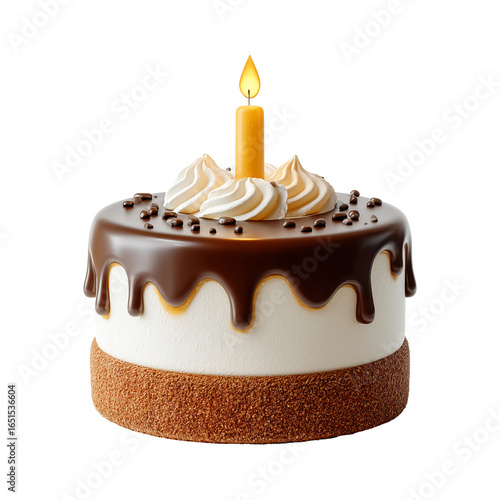 Delicious chocolate birthday cake with candle and creamy white icing isolated on transprint background
