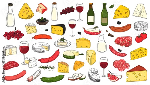 Assorted hand-drawn illustrations of cheeses, meats, and other food items.