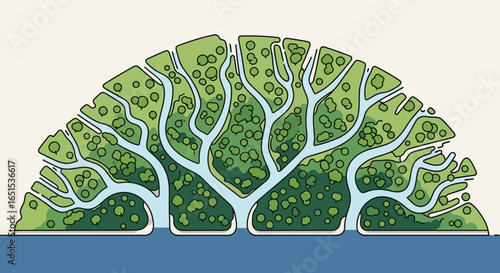 Abstract Green Islands With Water Canals In Half Circle Shape