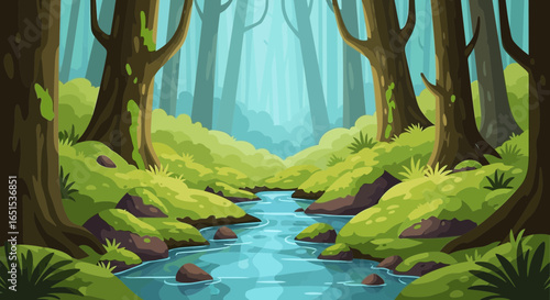 Calm River Flowing Through A Dense Green Forest Illustration