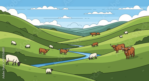 Cartoon Highland Pasture With Cows And Sheep Grazing Peacefully