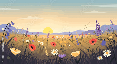 Colorful Wildflower Meadow With Rising Sun And Distant Mountains