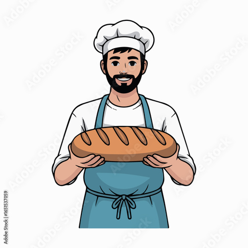 Bakery chef holding bread loaf illustration for baking recipes and food related design assets