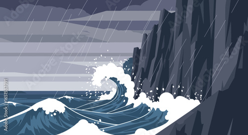 Dramatic Coastline View With Breaking Waves During Stormy Weather