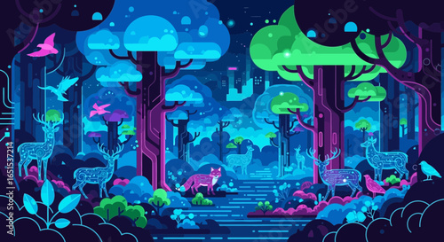 Enchanted Forest Nighttime Flat Design Illustration with Deer and Birds