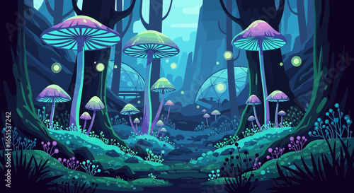 Enchanted Mushroom Forest Landscape With Futuristic Architecture