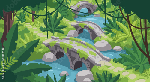 Enchanting River Scene With Stone Bridges In Lush Vegetation