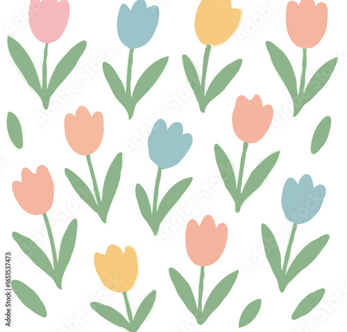 A cheerful pattern of simple, pastel-colored tulips on a white background.