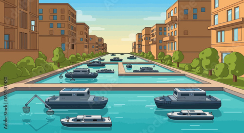 Futuristic Canal City With Waterway And Autonomous Vehicles