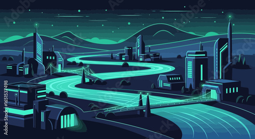 Futuristic Cityscape at Twilight with Winding River and Bridges