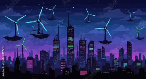Futuristic Cityscape With Wind Turbines Floating Amidst the Skyline