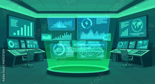 Futuristic Command Center With Holographic Displays And Data Visualization