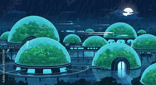 Futuristic Domes On Rainy Night With Transportation System Illustration