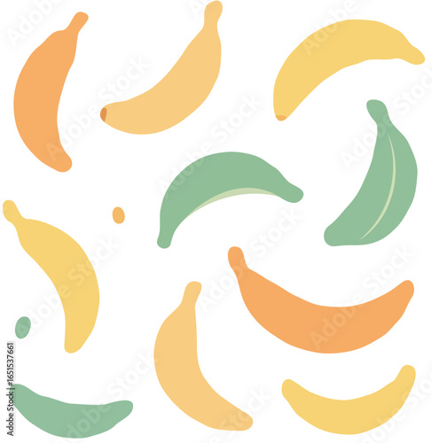 A cheerful pattern of pastel-colored bananas, playfully arranged on a white background.