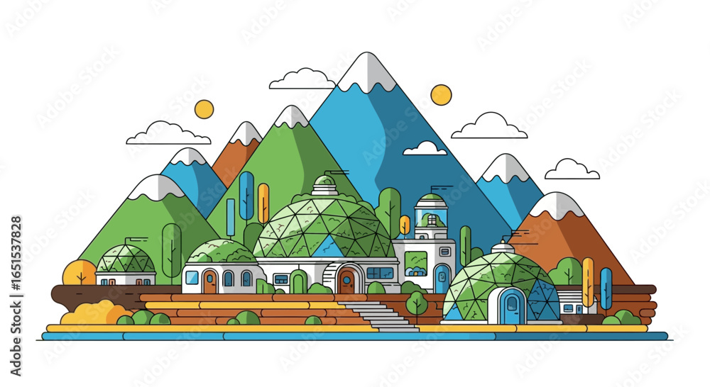 Naklejka premium Futuristic Sustainable Cityscape With Geometric Buildings And Mountain Scenery