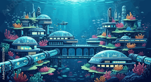 Futuristic Underwater City Concept With Coral And Marine Life
