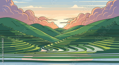 Idyllic Rice Terraces Landscape With Cloudy Sky And Lush Hills