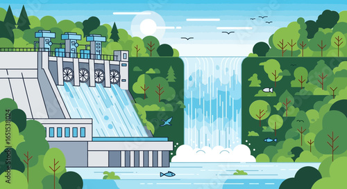 Hydroelectric Dam And Waterfall In A Flat Illustration Style