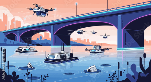 Modern Automated Watercraft And Drones In A Futuristic Cityscape