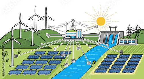 Modern Power Generation Landscape Renewable Energy Infrastructure Concept