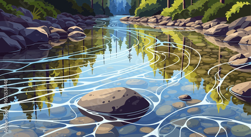 Peaceful River Scene With Rock Formations And Tree Reflections
