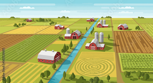 Scenic Countryside Landscape With Rural Farm Buildings And Agriculture Fields