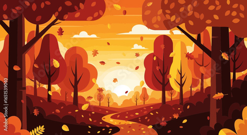Stylized Autumn Forest Landscape With Vibrant Fall Foliage And Winding Path