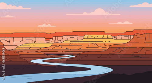Stylized Desert Canyon Landscape With River During Sunset Illustration
