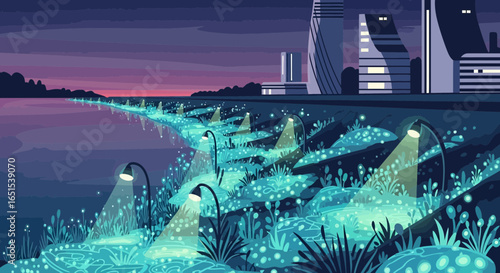 Stylized Cityscape At Dusk Along Illuminated Waterfront Promenade