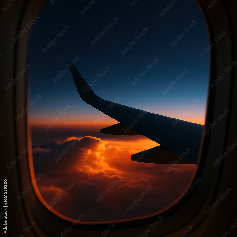Fototapeta premium Sunset view from airplane window with vibrant clouds and wing silhouette