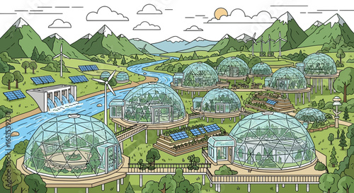Sustainable Eco Friendly Community With Geodesic Domes And Renewable Energy
