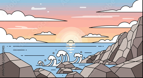 Tranquil Coastal Sunset Scene With Geometric Style Waves And Rocks