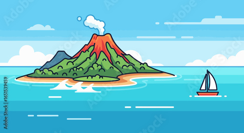 Tropical Island With Volcano Sailing Boat On Calm Ocean Graphic Art